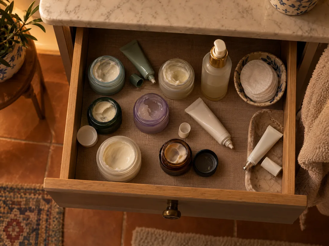 Un cassetto del bagno con sei creme contorno occhi mezze usate