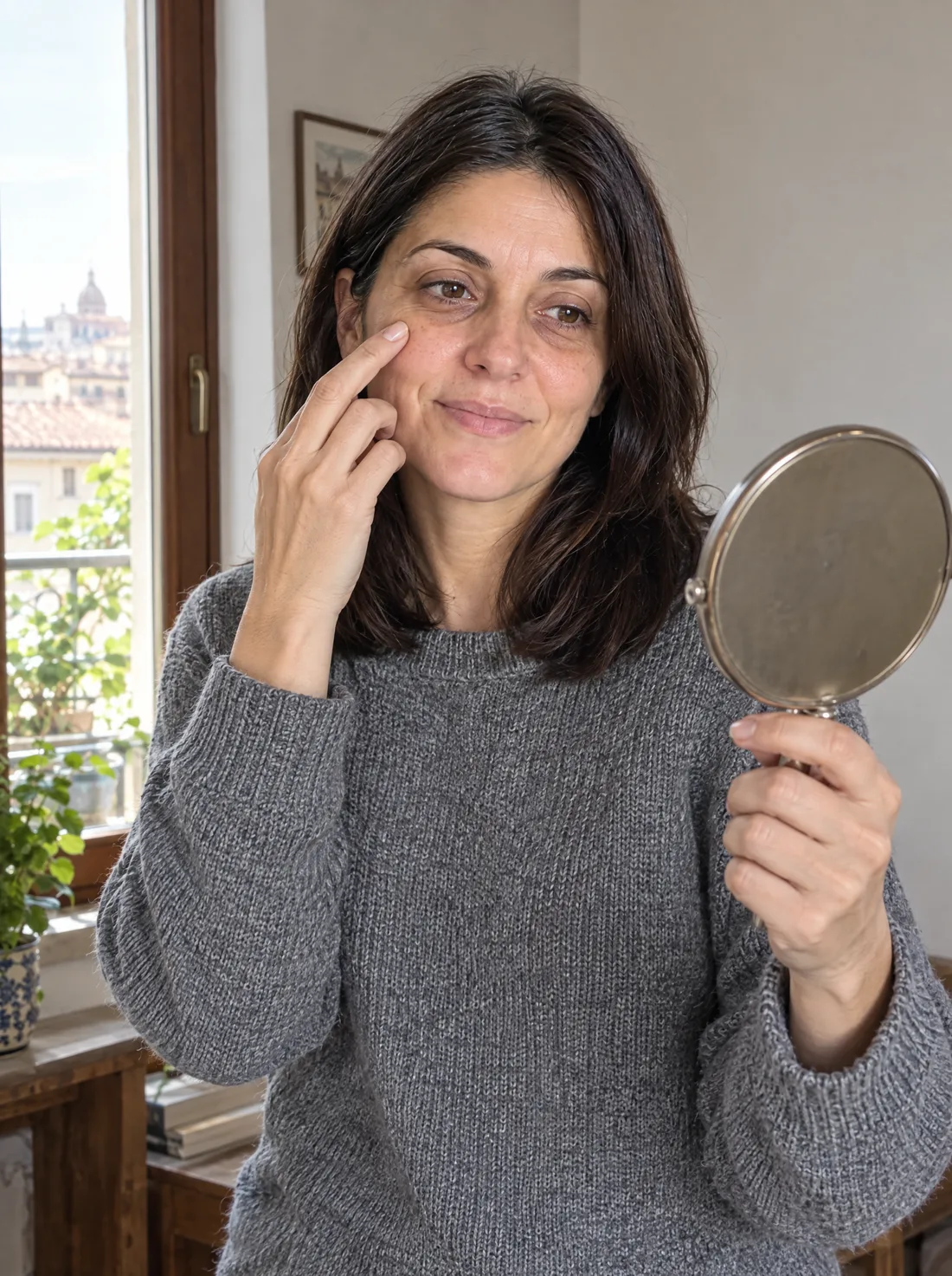 Elena alla finestra con la luce del giorno, uno specchietto in mano
