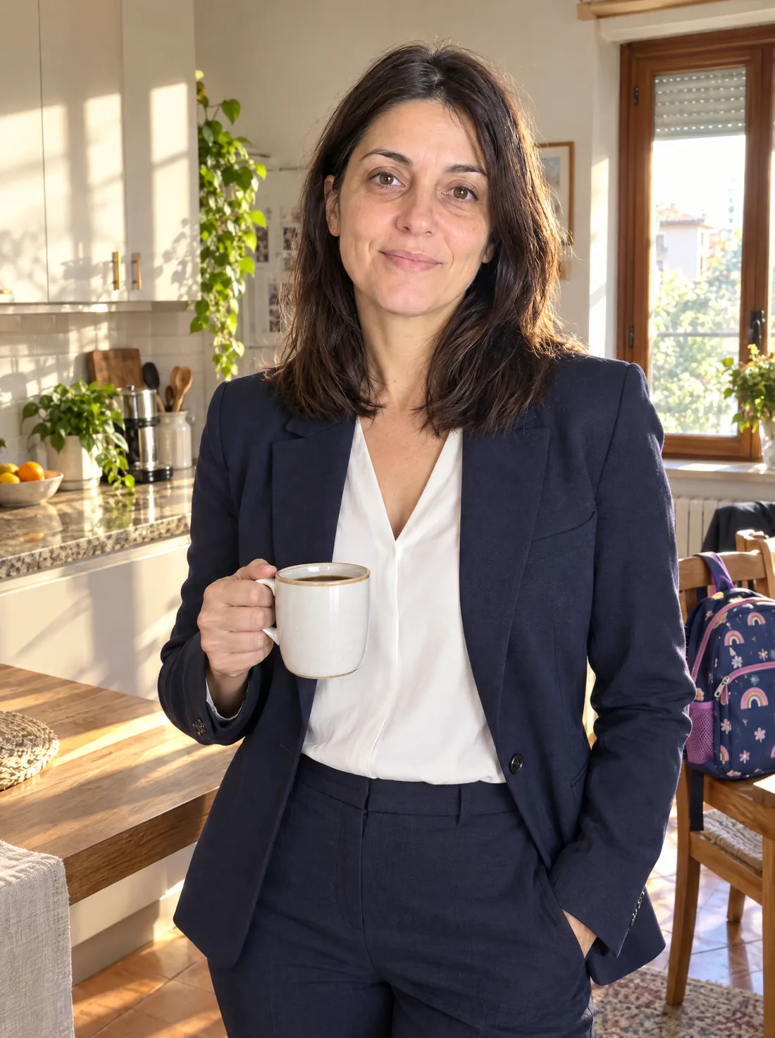 Elena in cucina alle 7:15 col caffè, pronta per l'ufficio